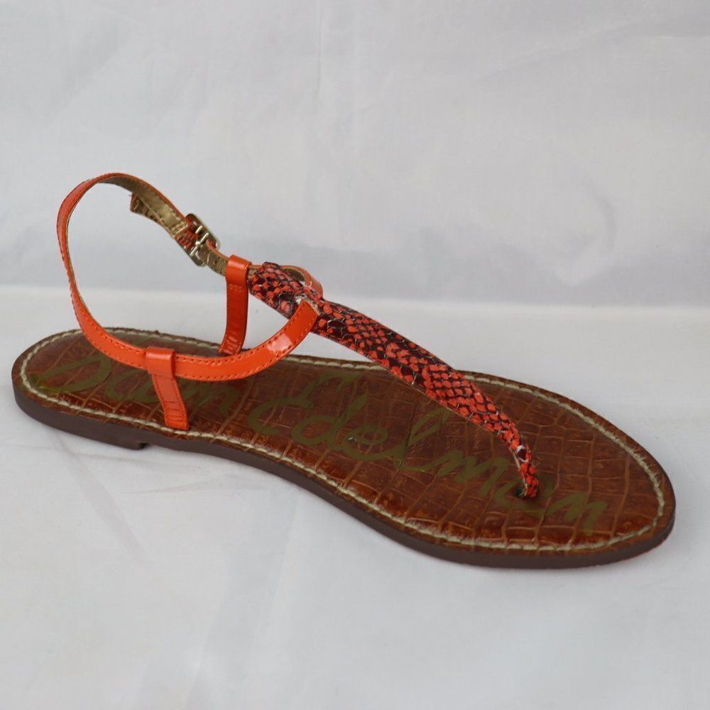 Women's Orange T-Strap Snake-Print Sandals - Picture 2 of 7